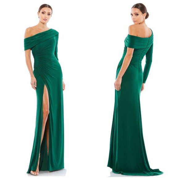 NWT Mac Duggal Ieena RUCHED JERSEY DROP One SHOULDER FOLDOVER Long Fitted Gown - Picture 1 of 7